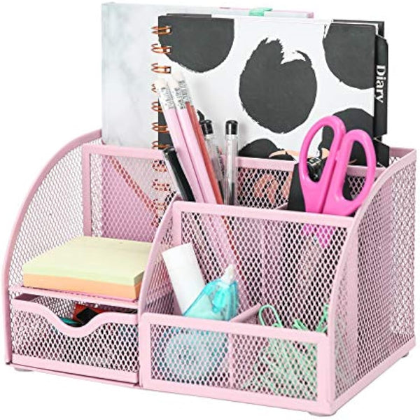 EXERZ Desk Organiser/Mesh Desk Tidy Caddy/Pencil Holder Multifunctional with 7 Compartments- Light Pink