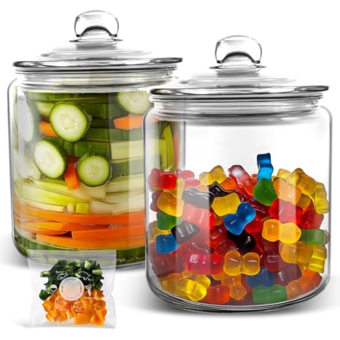 MASTERTOP Biscuit Jars, Set of 2 Glass Storage Jar with Airtight Lid, 3.9L Cookie Jar Sweet Jars with 15pcs Storage Bags, Clear Glass Container for Coffee, Sugar, Pickle, Oats, Flour, Pods