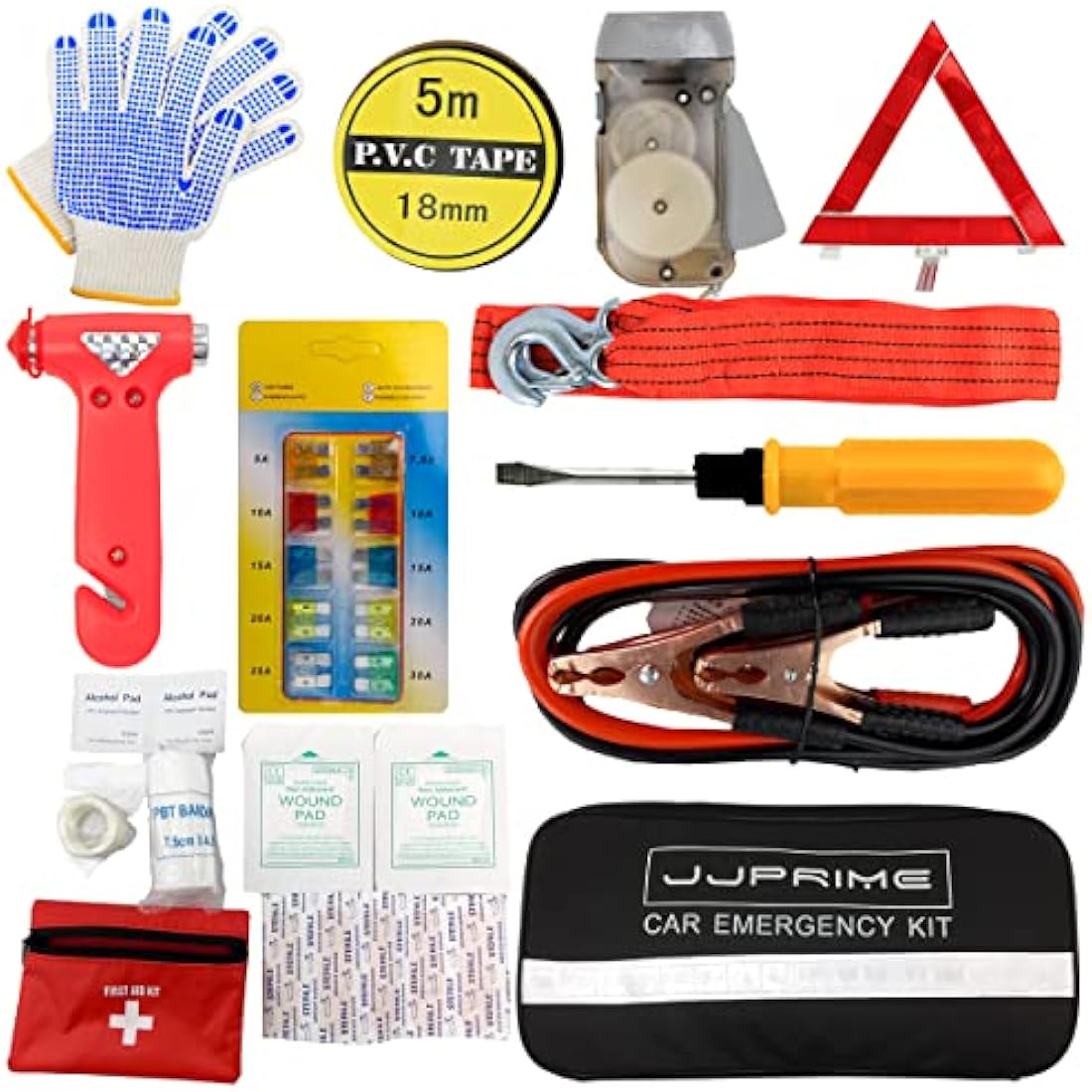 JJOnlineStore 12-in-1 Car Driving Safety Emergency Kit EU Vehicle Repair Essentials Travel Tool Storage Case, Warning Triangle, First Aid Kit - European Driving Kit, 12 Pcs (Black)