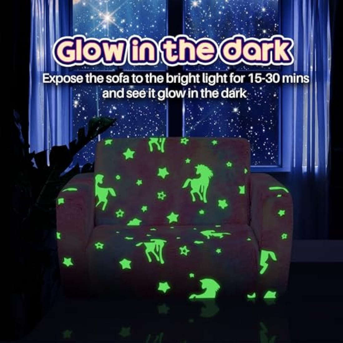 BEJOY Kids Sofa Bed 2-in-1 Flip Out Cuddly Flannel Toddler Couch Convertible Sofa to Lounger Children Sofa Bed Children's Day and Birthday Gift for Girls Boys, Candy Floss with Unicorns