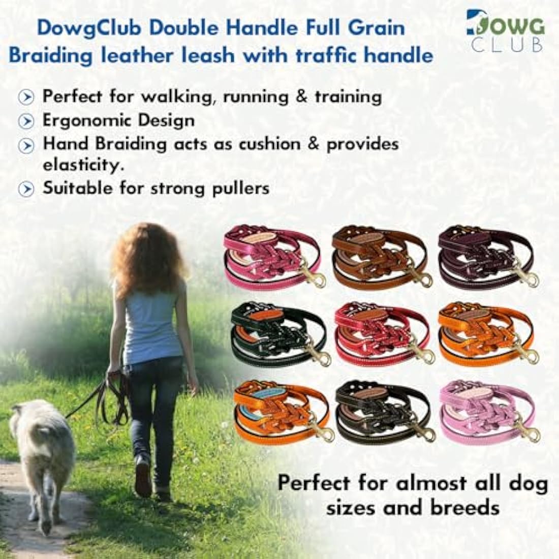 DowgClub | 6' Genuine Leather Dog Leash | Heavy Duty, Handmade, Braided, Strong | for Medium, Large, X-L Dog | Dual Handle Design, Padded & Traffic, DRing | Black, Brown, Cherry, Tan (6 feet, Cherry)