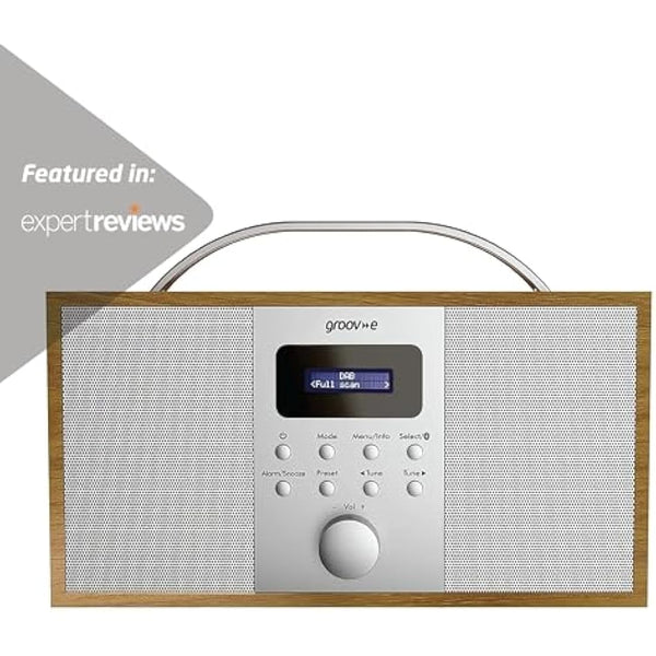 Groov-e Boston Wooden DAB & FM Digital Radio - Built-In Alarm Clock, Dynamic Range Control & Bluetooth Connectivity - LCD Display - Mains or Battery Operated - Portable Radio - 40 Preset Stations