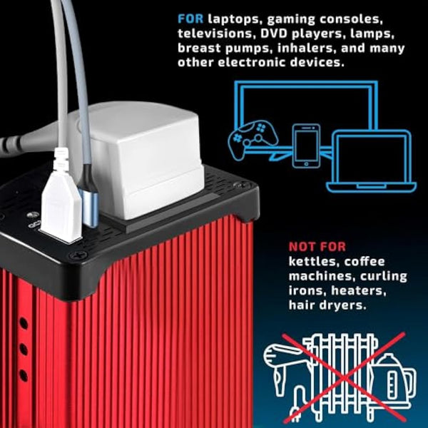 Odoga 300W Car Power Inverter 12V to 240V / 230V Converter, USB-A and USB-C 3A Charging Ports - Charge Your Laptop, iPad, iPhone, Tablet, Consoles & More - Durable and Powerful - Red Aluminum Body