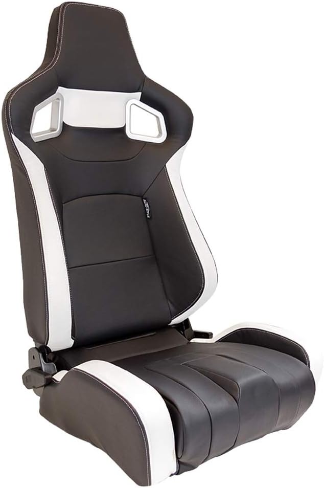 AUTO-STYLE x1 Universal Sports Bucket Seat WHITE & Black Edition inc base mounted slide runners