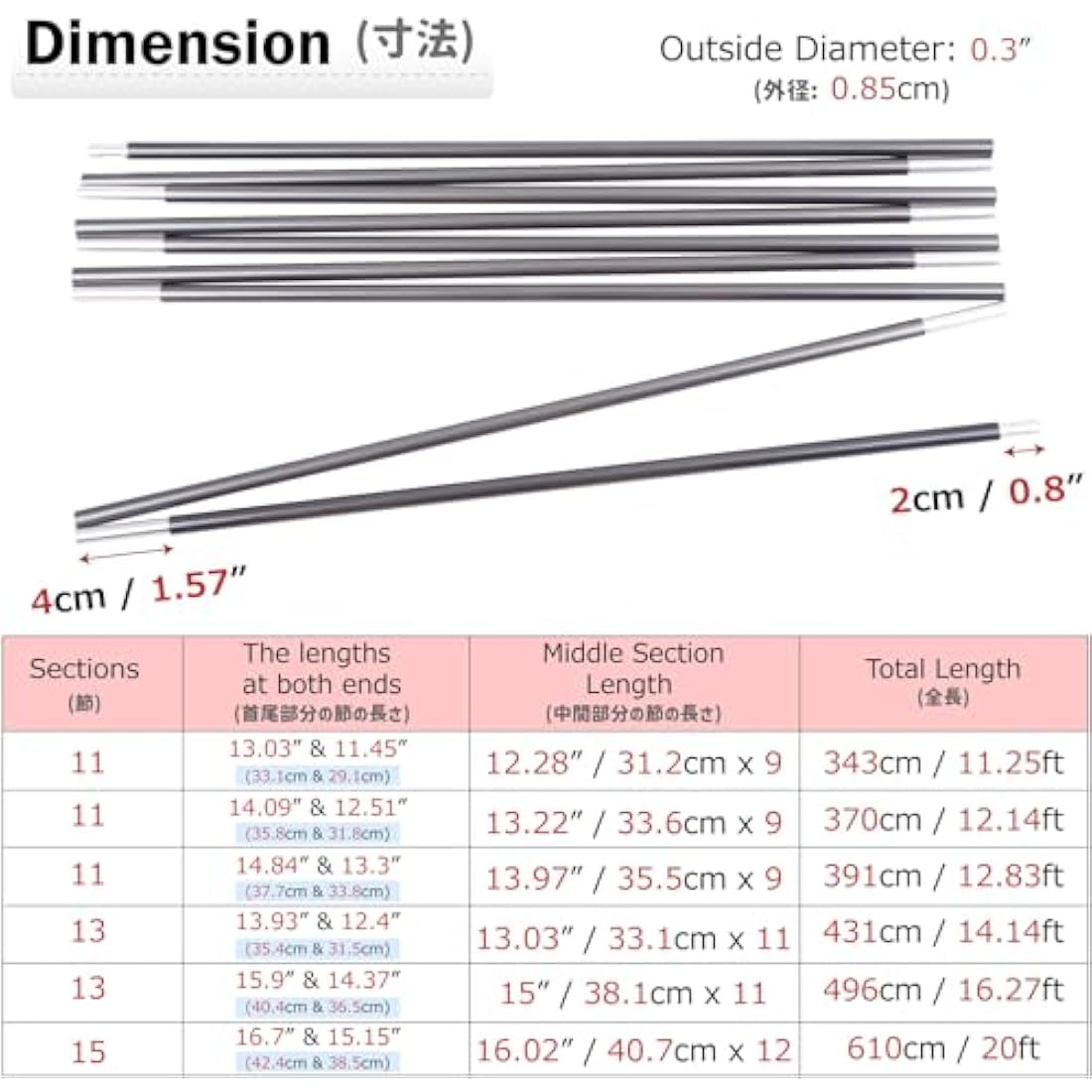 Azarxis Tent Pole Replacements Set of 2, Aluminum Alloy Tent Rod with Elastic Shock Corded Adjustable Tent Support Frames Repair Kit Tent Accessories Camping Equipment for Hiking Backpacking
