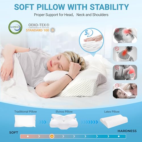Elviros Cervical Memory Foam Pillow for Neck Pain Orthopedic Neck Pillow for Shoulder Pain Ergonomic Head Neck Support Pillow for Side/Back/Stomach