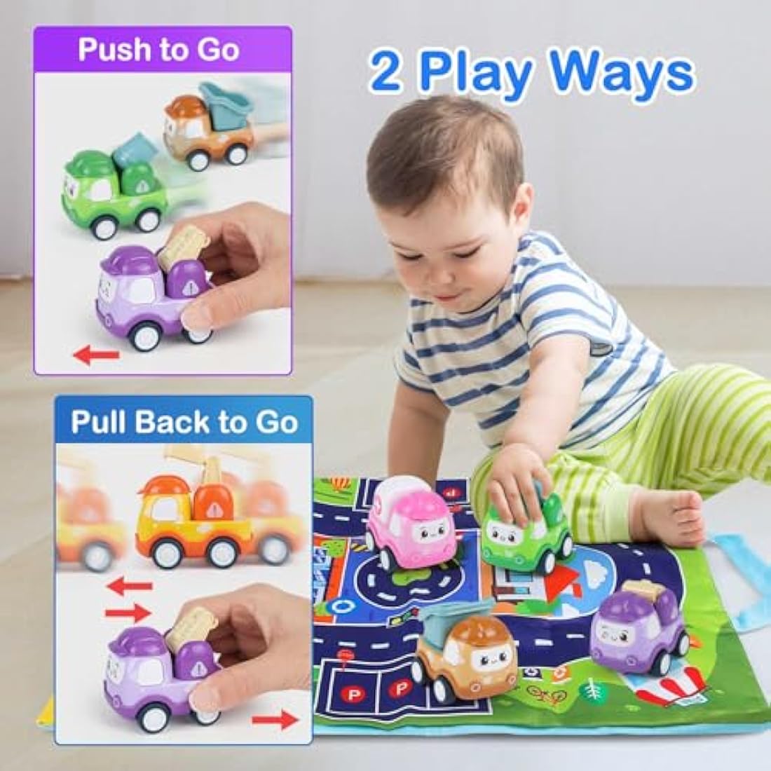 6PCS Pull Back Cars for Kids, Construction Vehicle Toy Set with Play Mat and Storage Bag, Friction Powered Trucks for Boys Girls Aged 3 4 5, Cartoon Gift for Birthday Easter Party