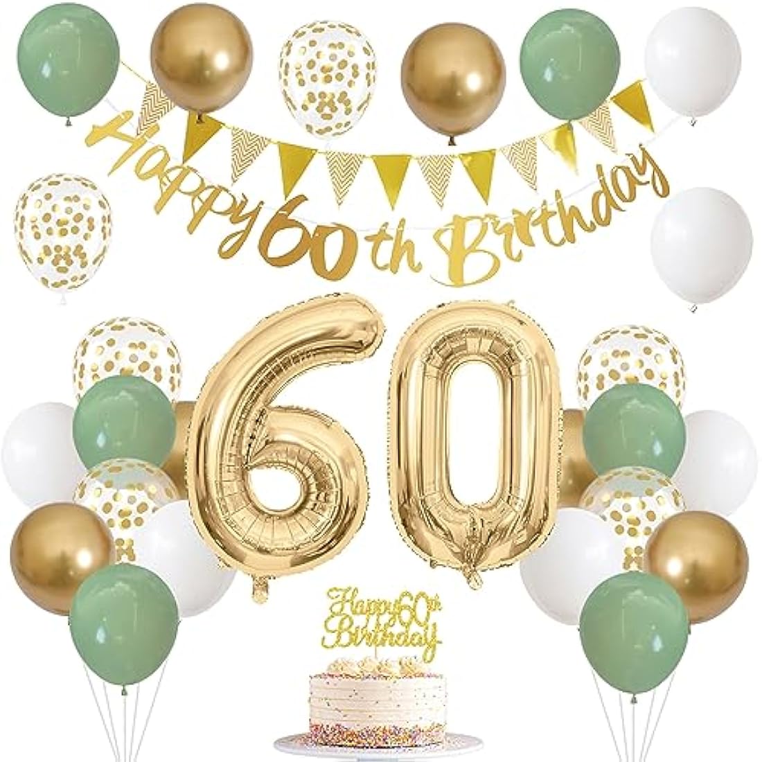 Jobkoo 60. Geburtstag Deko Salbeigrüne Banner 60 Geburtstag Girlande Zahl 60 Luftballons Geburtstag Tortendeko Grün Weiß Gold Party Ballons 60.ter Geburtstag Dekoration 60. Grün Gold
