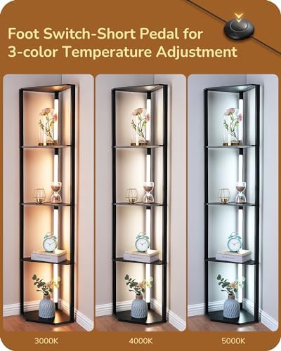 EDISHINE LED Floor Lamps with Shelves, 4 Layers Wood Dimmable Standing Lamp, 360° Rotatable Poles, Corner Floor Lamps for Living Room Bedroom Office, Black