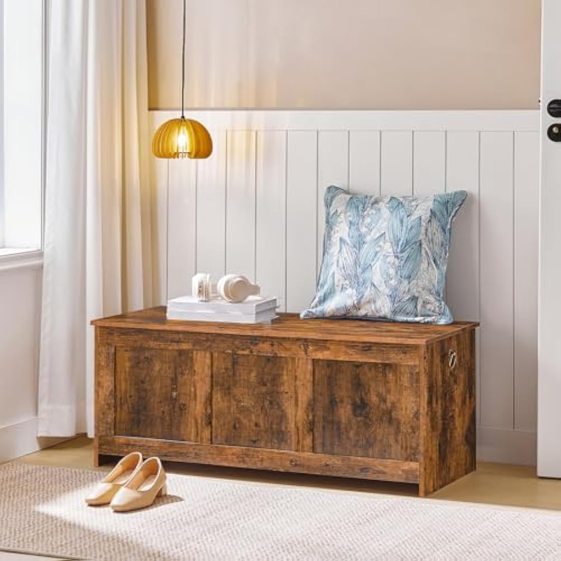 HOOBRO Storage Chest, Wooden Storage Bench, Blanket Storage Box, Wooden Storages Chest Trunk, Large Toy Chest, Shoe Storage Bench, 100 cm, U-Shaped Opening, Rustic Brown EFG141CW01