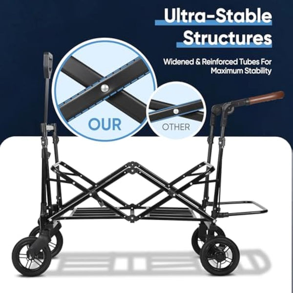 Sekey Kids Folding Handcart Wagon with Removable Canopy, Versatile Foldable Transport Trolley for Family Outings Including Shockproof PU Wheels, 220LBS(100KG) Weight Capacity, Push Handle, Black