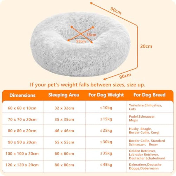 HMTOPE Orthopaedic Dog Bed Round Dog Sofa Cat Bed Doughnut Cuddly Dog Basket Washable 120 cm Diameter Light Grey