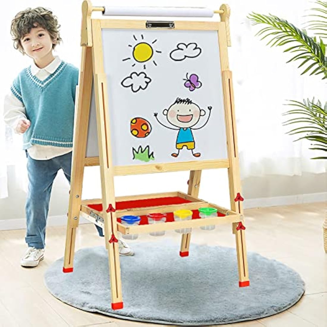 EAQ Kids Easel,Height Adjustable Wooden Art Easel,Whiteboard Chalkboard with Paper Roll Holder, Chalk Board for Kids,Best Birthday Gift for Kids (Wood)