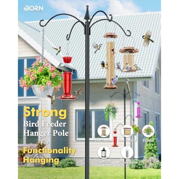 iBorn Bird Feeders Hanging Station 87Inch Wild Bird Feeding Station Stand Heavy Duty For Feeders Hanging, 1 Inch Thickness Pole, 4-Hooks,5-Prong Pole Stabilizer(Bird Feeders NOT Included)
