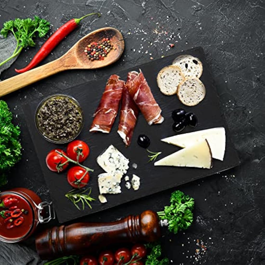 Hacaroa 6 Pieces Slate Cheese Board, 30 x 20cm Black Charcuterie Boards Natural Slate Stone Plate Tray, Gourmet Serving Platter for Meats, Fruits, Parties, Appetizers