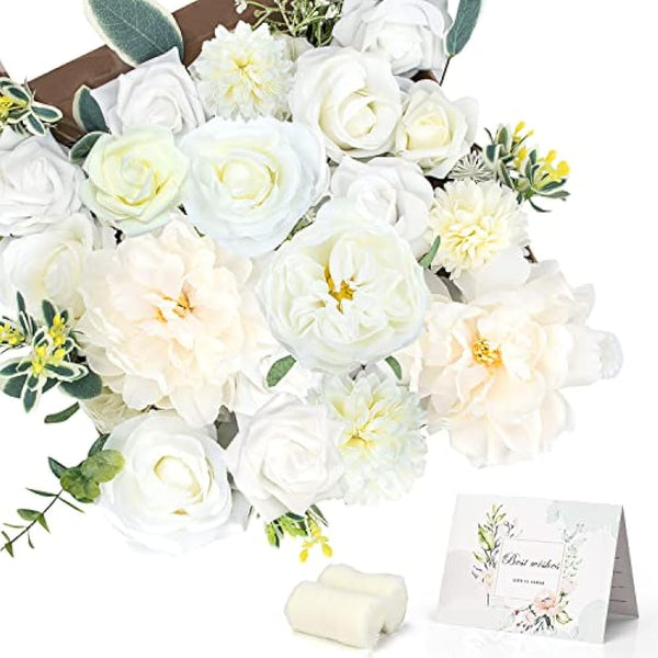 Jubor Artificial Flowers White, Dusty Rose Artificial Silk Flowers for DIY Wedding Bridal Bouquets Centerpieces Arrangements Baby Shower Party Home Decorations