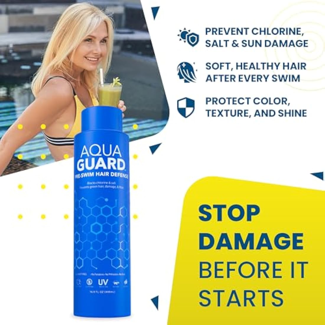 AquaGuard Pre-Swim Hair Defense | Prevents Chlorine Damage + Softens Hair | Color Safe, Great Smelling | Made in California | 16.9 oz