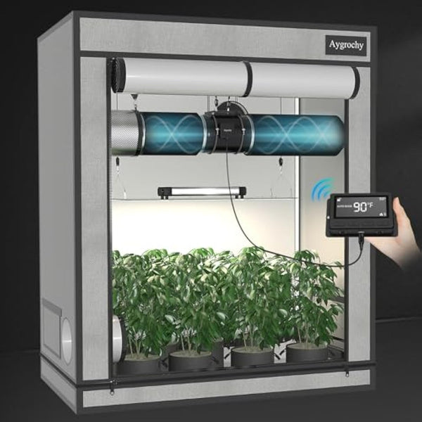 Aygrochy Quiet 8” Inline Duct Fan with Temperature Humidity Controller - Ventilation Exhaust Fan Using for Heating Cooling Booster, Grow Tents, Hydroponics,Home use Ventilation and Exhaust Blower.