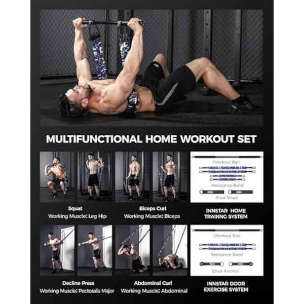 INNSTAR Portable Home Gym Set with Workout Bar, Bench Press Set, Squat Resistance Band, Door Anchor and More-Full Body Workout Equipment to Build Muscle and Shape Body
