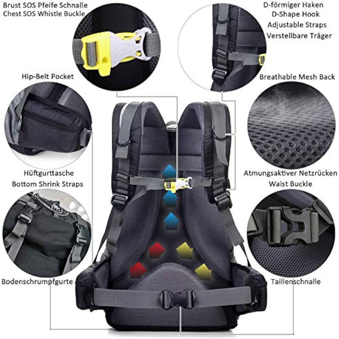 A AM SeaBlue 40L Hiking Backpack for Men and Women Trekking Rucksack Lightweight Travel Daypack with Waterproof Rain Cover,Large Sports Bag for Outdoor Activities