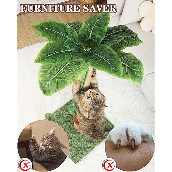 ANWA 35" Tall Cat Scratching Post for Kitten and Large Cats, Scratching Post for Indoor Cats with Self-Grooming Rubber Brush, Cat Sisal Post with Simulated Leaves, Green