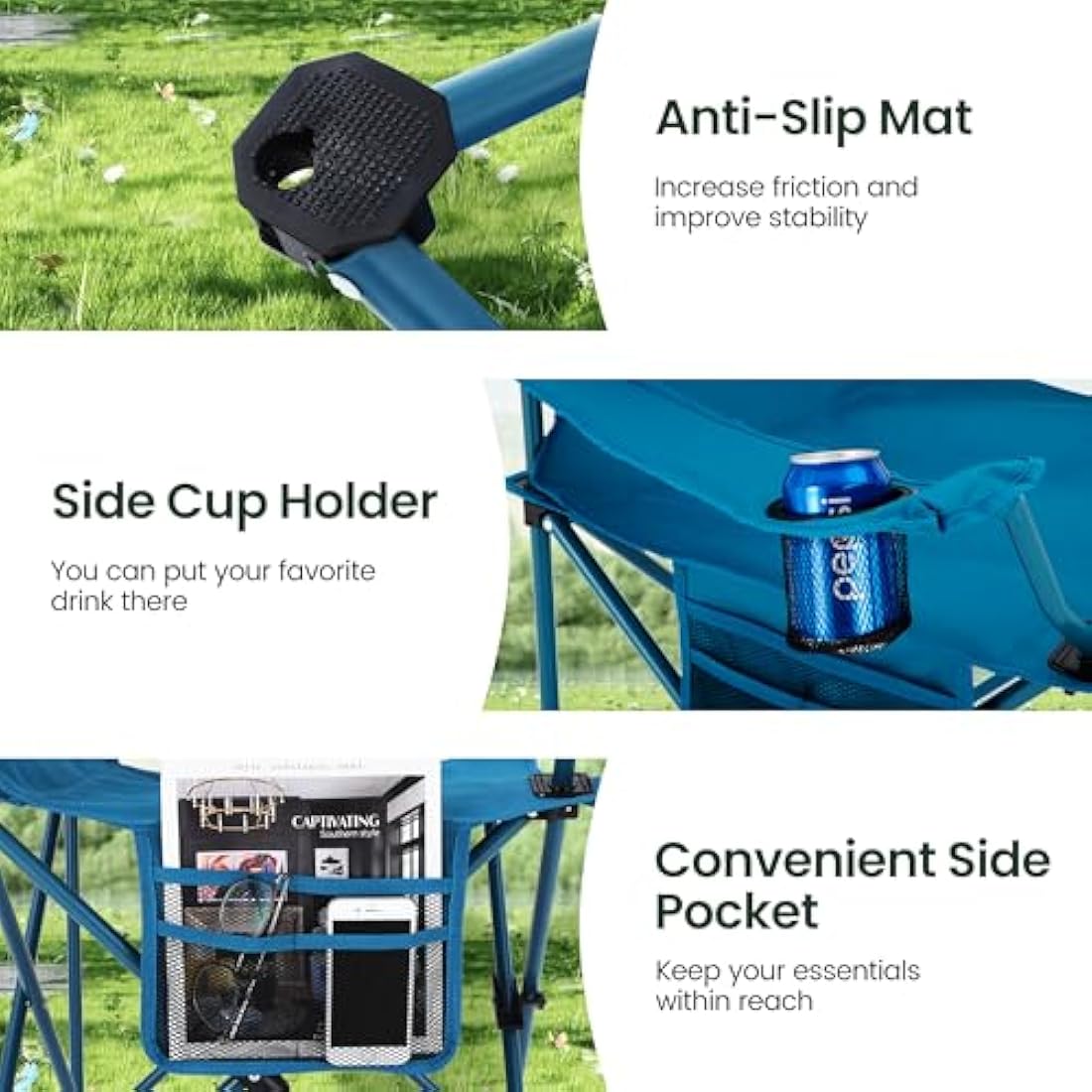 ALPHA CAMP Set of 2 Folding Camping Chairs with Cooler Bag & Cup Holder & Side Pocket Up to 120kg, Lightweight and Portable Camping Chair for Adults, Blue