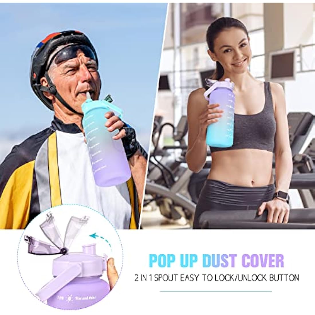 Water Bottle 2L BPA Free Sport Drinks Jug with Time Marking & Lock Cover, Leak Proof 2 Liters Water Bottle with Portable Handle, Purple Water Canteen Bottle