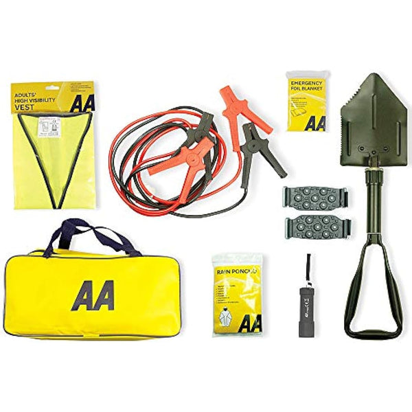 AA Emergency Winter Car Kit AA5281 - Folding Snow Shovel, 9-LED Torch, Foil Blanket, Hi-Vis Vest, Rain Poncho, Booster Cables, Pair Snow Grips