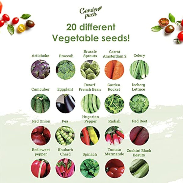 Grow Your Own Vegetable Seeds - 20 Packet Variety by Garden Pack – High Yield Seeds for Growing Veggies at Home – 8,000 Heirloom Seeds Gardner Set