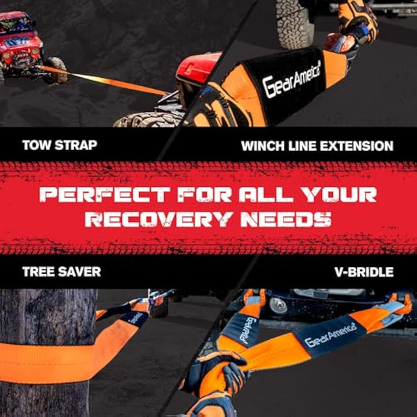 GearAmerica Tree Saver Winch Strap 3" X8' Heavy Duty 35,000 Lbs (17.5 Tons) Strength Off-Road Towing Rope for Jeep Or Truck Reinforced Loops with Orange Storage Bag