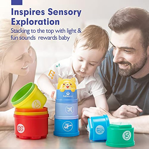 Hahaland Rainbow Stacking Cups 10 Pcs for 1 Year Old Girls Boys With Lights Sounds - Number Nesting Cups Educational Bath Baby Toys 12 18 Months 2 Year Old