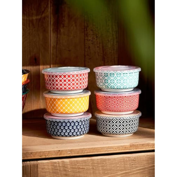 DOWAN Ramekins with Lids, 6 OZ Porcelain Ramekin Dishes for Creme Brulee Soufflé, Egg Mould, Muffin Cases, Mini Dip Bowl, Baking Bowl for Oven & Air Fryer, Vibrant Joy-Pack of 6