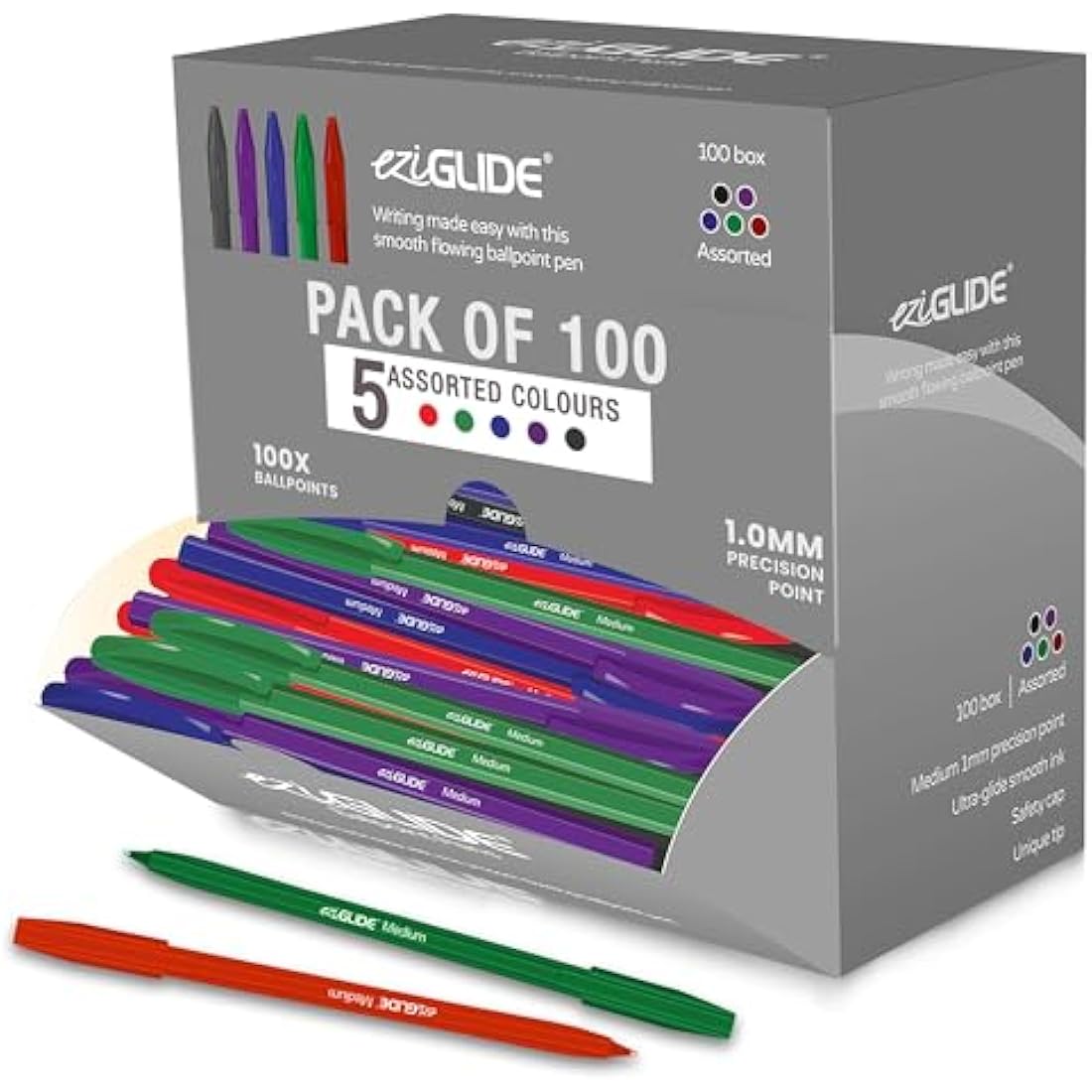 Eziglide 100-Pack Ballpoint Pen Set, 5 Assorted Colours – Medium Point Nib (1.0mm) for Smooth Writing – Multipack Fine Ballpoint Pens for Home, Office, Work, School & Colourful Writing