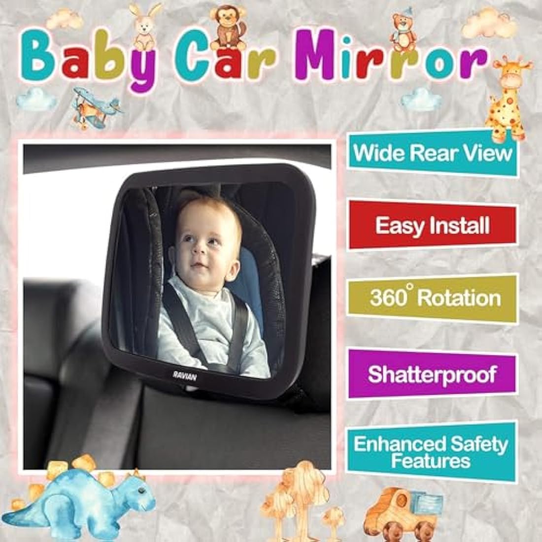 Baby Car Mirror for Back Seat Safest Newborn Essentials with Rear View, Shatterproof, Adjustable to See Rear Facing for Infants, Kids and Pets