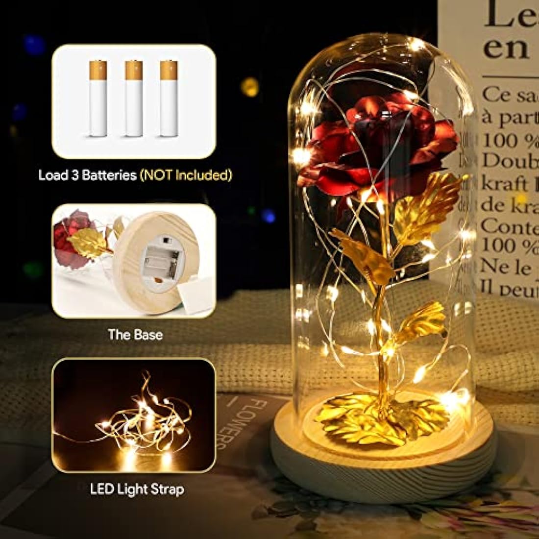 ADAZ 24K Eternal Rose for Women/Wife/Grandma/Girlfriend for Her Rose Flower Artificial Roses in Glass Dome with LED Light Strip on Mother's Day Valentine's Day,Anniversary