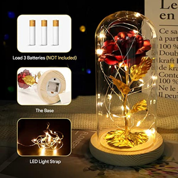 ADAZ 24K Eternal Rose for Women/Wife/Grandma/Girlfriend for Her Rose Flower Artificial Roses in Glass Dome with LED Light Strip on Mother's Day Valentine's Day,Anniversary