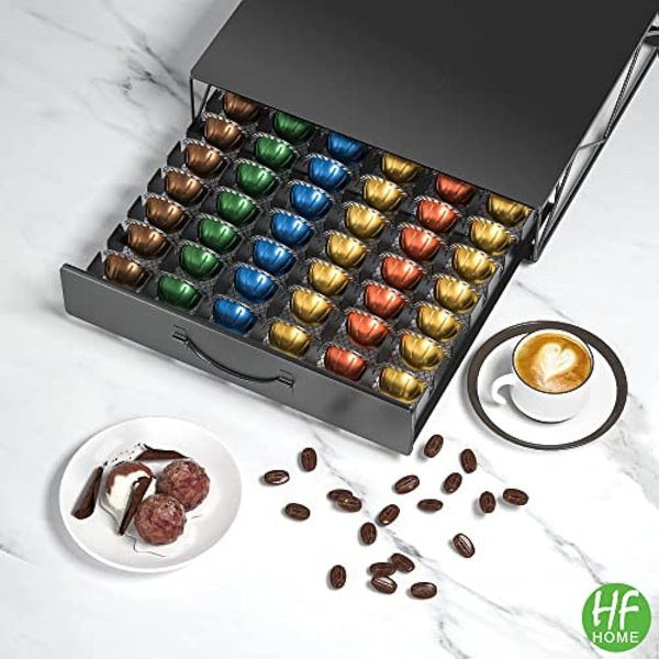 HFHOME Metal Coffee Pod Holder for 48 Nespresso Vertuo & Dolce Gusto Pods, Nespresso VertuoLine Capsule Drawer Organiser Coffee Machine Stand