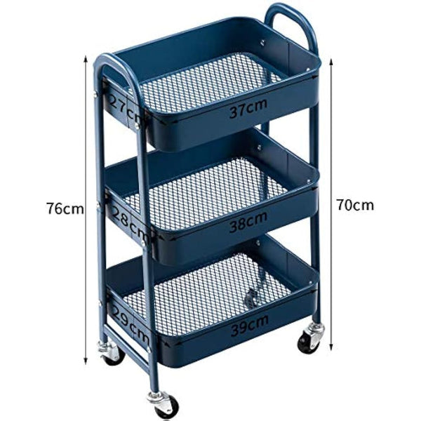 DOEWORKS 3-Tier Storage Trolley on Wheels Metal Storage Cart Rolling Kitchen Trolley Craft Trolleys Beauty Trolleys Utility Cart for Books Bedroom Bathroom Office, Navy Blue