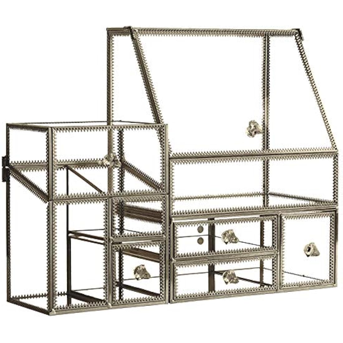 Hersoo Glass Antique Brass Stackable Drawer Set Makeup Organizer for Vanity Antique Countertop Vanity Cosmetic Storage Box Mirror Glass Beauty Display