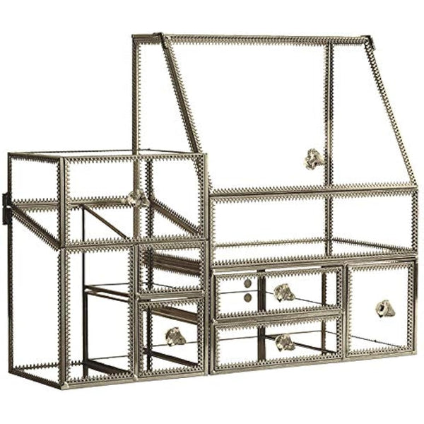 Hersoo Glass Antique Brass Stackable Drawer Set Makeup Organizer for Vanity Antique Countertop Vanity Cosmetic Storage Box Mirror Glass Beauty Display