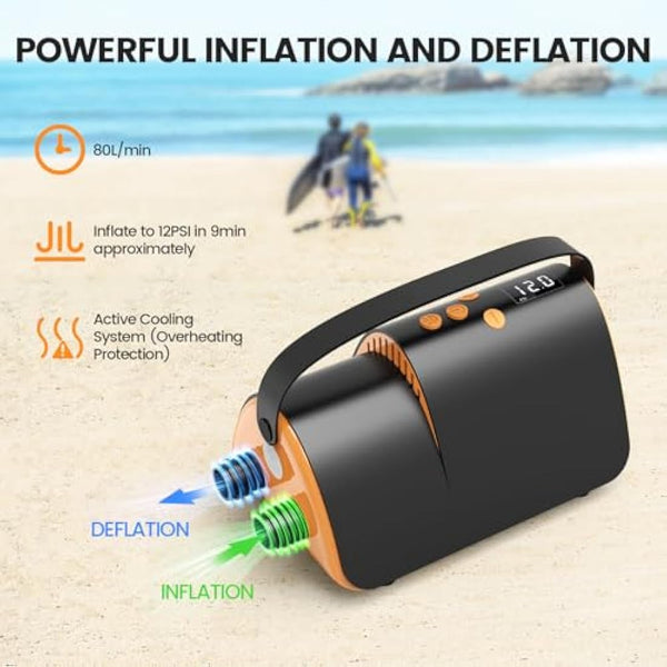 Accwork 20PSI Electric SUP Air Pump, Paddle Board Pump with Inflation & Deflation, Auto-Off, 12V DC Car Connector, 7 nozzles for Inflatable Sup Boards, Boats, Mattress