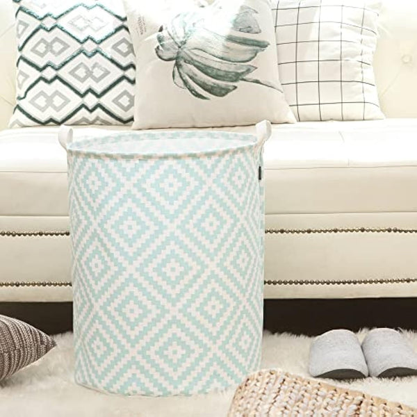 Sea Team 19.7 Inch Large Sized Waterproof Coating Ramie Cotton Fabric Folding Laundry Hamper Bucket Cylindric Burlap Canvas Storage Basket with Stylish Bohemia Mint Design