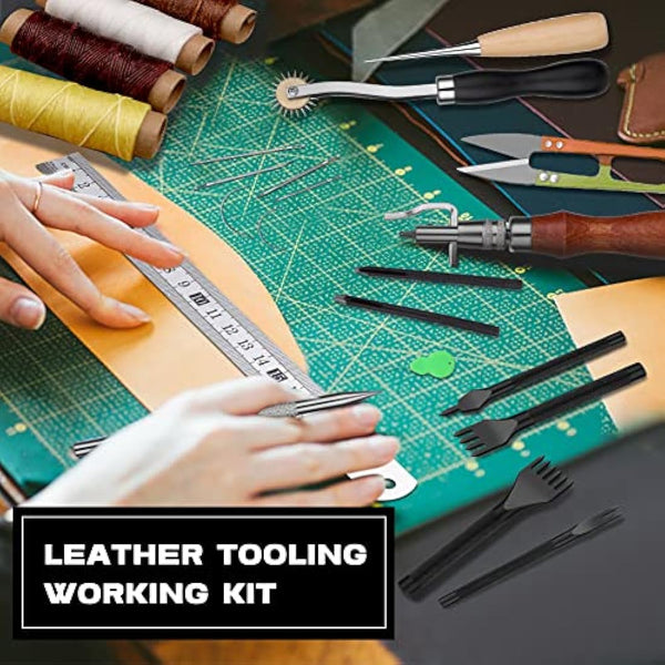 Leather Working Tools Leather Craft Tools and Supplies Leather Craft Kit with Waxed Thread Stitching Groover Awl for Cutting Punching, Leather Sewing Craft Making and Craft DIY