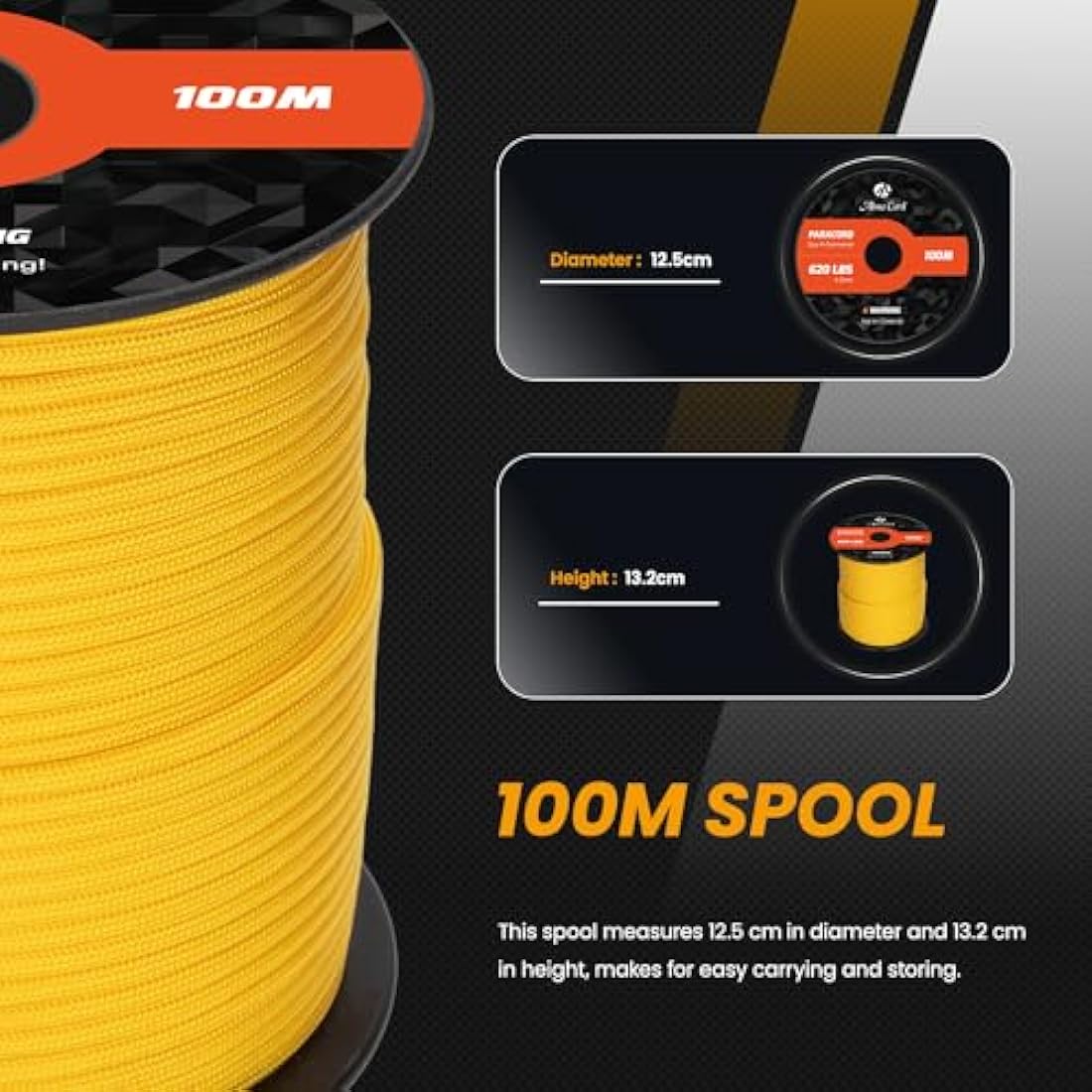 Abma Cord Paracord 4mm 100m 100% Nylon Rope 9 Strands Type III Parachute Cord for DIY, Camping, Survival, Outdoor - Max. 280kg - Golden Yellow