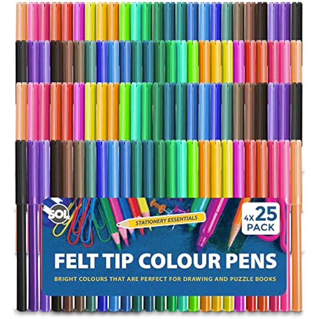 SOL 100 Felt Tips Colouring Pens for Adults & Kids Felt Tip Pens for Children Drawing Coloured Pens Felt Pens, Colouring Pens for Kids Coloured Markers Pack Felt Tip Pens for Adults Colouring Book