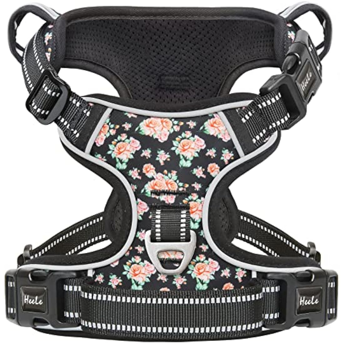 HEELE Dog Harness, No Pull Dog Harness Small, Release on Neck, Front Back Clips Dog Vest Harness Reflective Adjustable Padded Breathable, Easy Control Handle for Walking Training, Floral-Black, XS