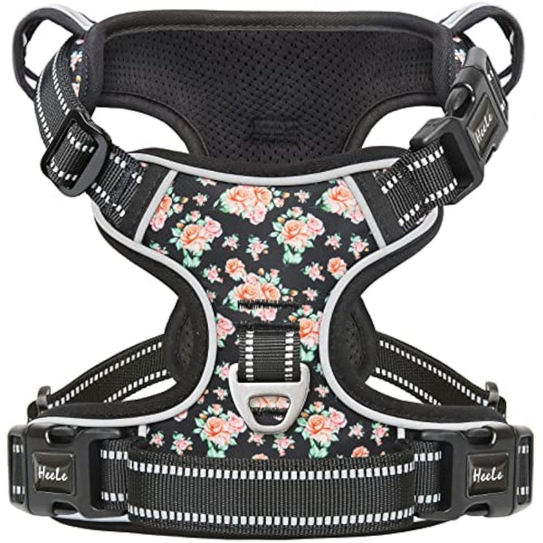 HEELE Dog Harness, No Pull Dog Harness Small, Release on Neck, Front Back Clips Dog Vest Harness Reflective Adjustable Padded Breathable, Easy Control Handle for Walking Training, Floral-Black, XS