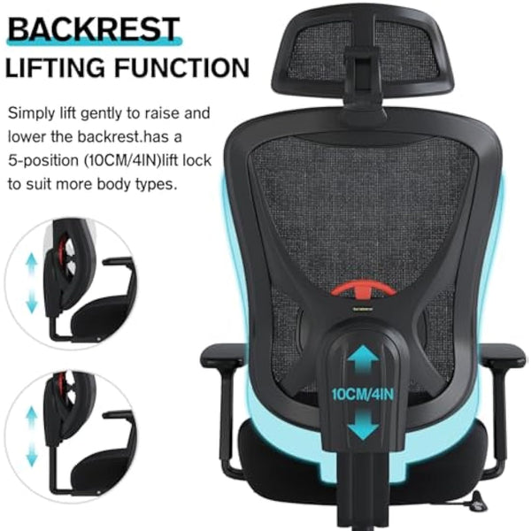 Eucladoceros Ergonomic Office Chair with Adjustable Armrests & Headrest - Lift Up Backrest Desk Chair with 3D Lumbar Support - Tilt 90°-125° - 150KG Weight Capacity - Ideal for Home Office(Black)