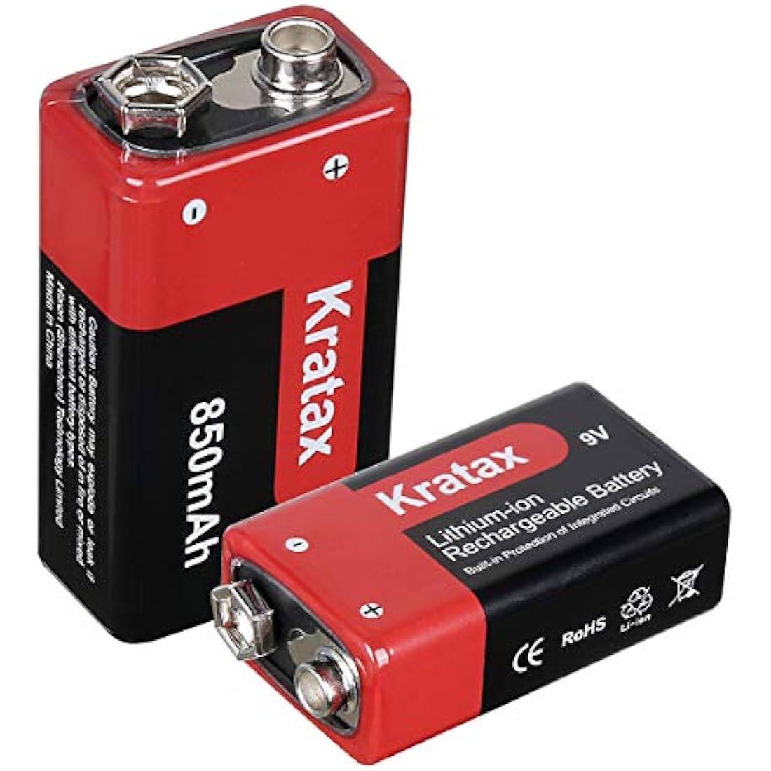 9V Rechargeable Li-ion Battery,Kratax 850mAh 9V Battery Rechargeable,2 Pack 9V Batteries with Protection Board for Smoke Detector Alarm,Fire Alarm,Multimeter,Radio Microphone,Kids Toys Battery