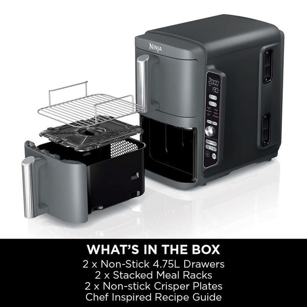 Ninja Double Stack XL Air Fryer, Vertical Dual Drawer AirFryer with 4 cooking levels, 2 Drawers and 2 Racks, Space Saving Design, 9.5L Capacity, 6 Cooking Functions, 8 Portions, Grey, SL400UK
